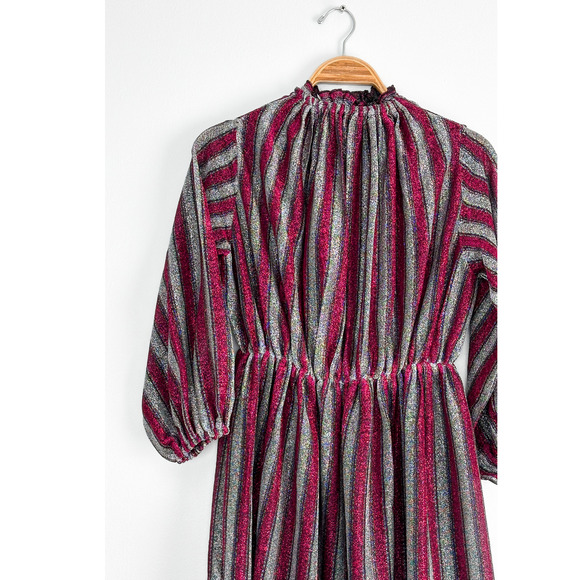 Vintage 70s Magenta Silver Stripe Glitter Sparkle Disco Party Maxi Dress small - Picture 6 of 6